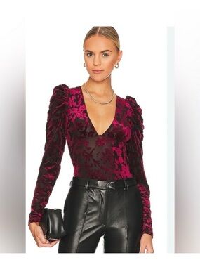Free People Magic Hour - Burgundy Floral Velvet V-Neck Puff Sleeve Bodysuit